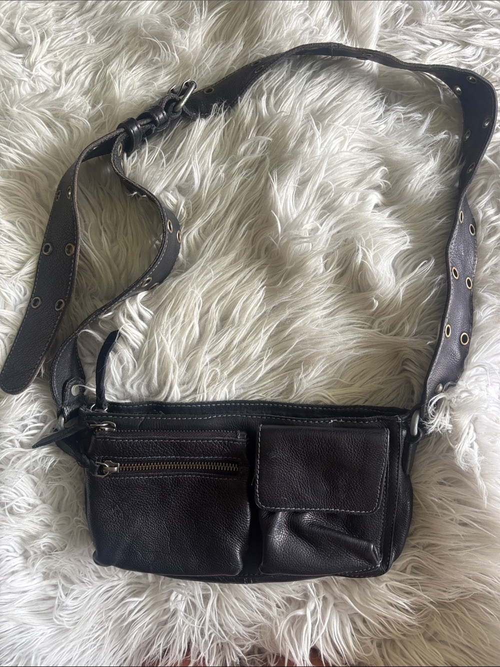 Black Leather Multi Pocket Crossbody Bag